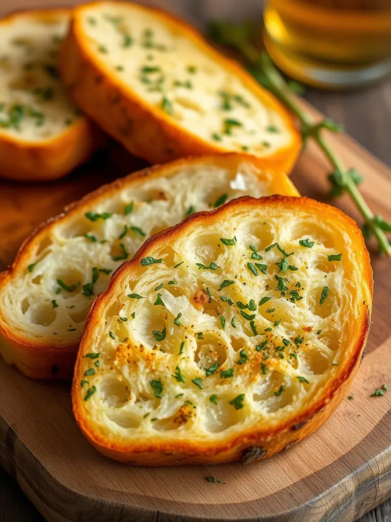A loaf of garlic bread with a crispy crust, soft interior, and generous topping of garlic butter and herbs, representing a tasty side.